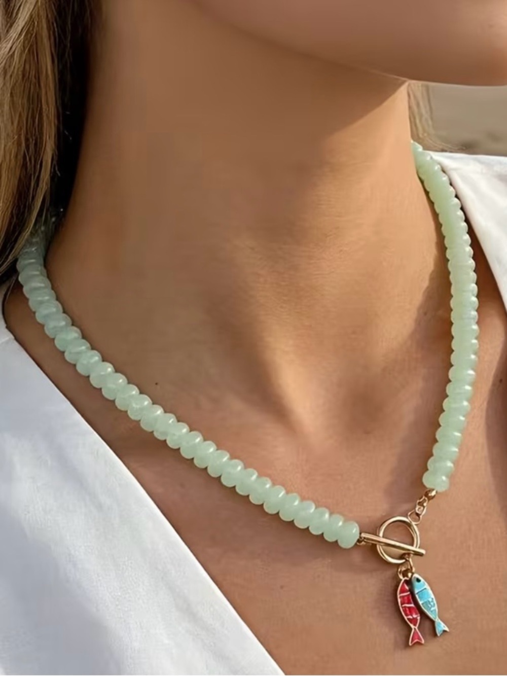 NEW! Beaded Mint Green Toggle Necklace with Enamel Fish Charms 🐟 A2-55